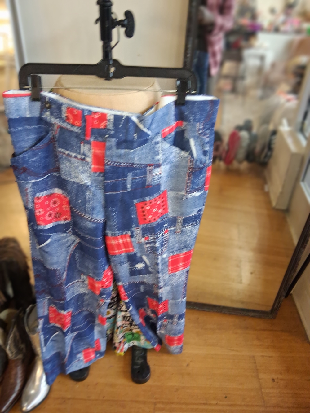 Patchwork Denim-Print Midi Skirt with Red Accents